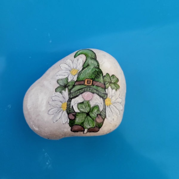 St. Patrick's Gnome with Daisies - Hand-Painted Rock Art