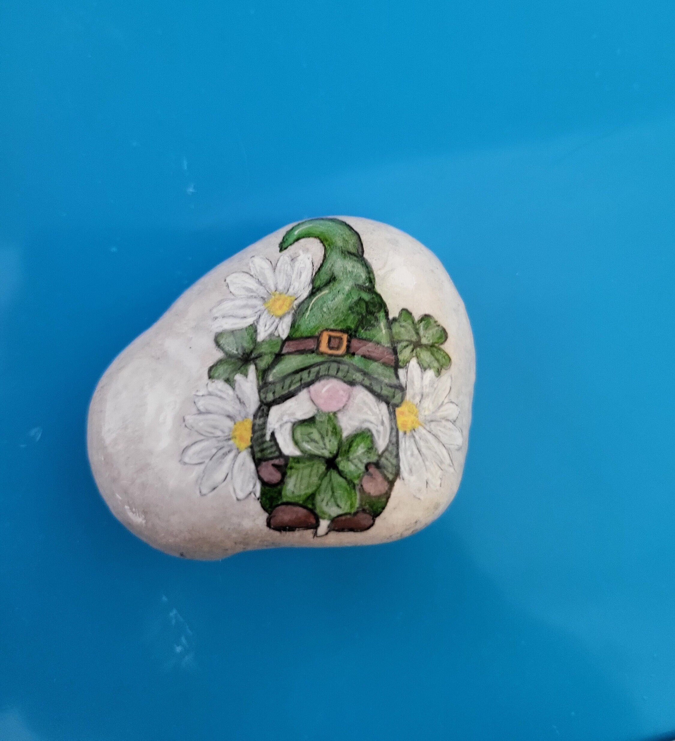 Gnome With Daisies and Leaf Clover Hand-painted Rock Art UK