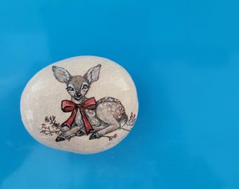 Hand-Painted Fawn with Red Bow Rock