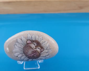 Cute Hand-Painted Sleeping Mouse in Daisy Rock