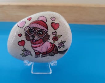 Hand-Painted Dachshund with Heart Glasses Rock – One-of-a-Kind Art