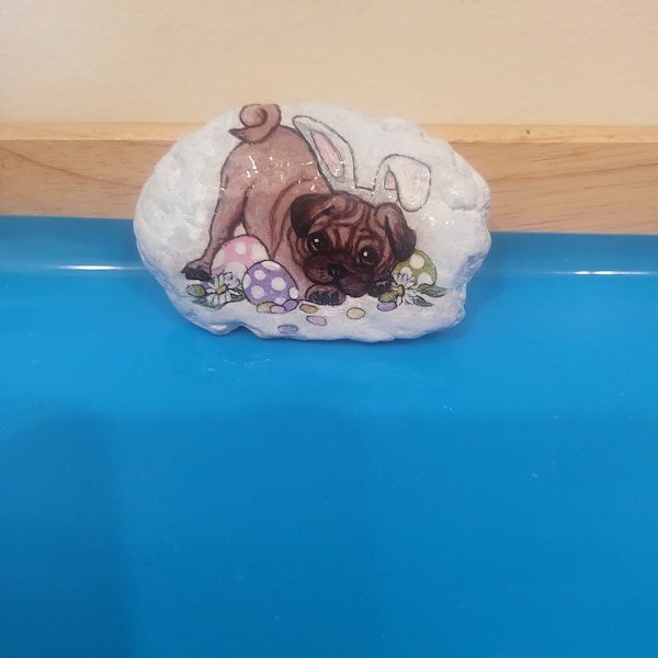 Charming Easter Pug - Hand-Painted Rock Art