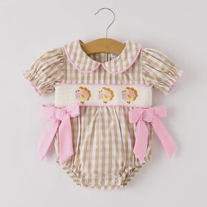 Smocked Baby Romper: Plaid Lapel with Pink Bow and Turkey Embroidery