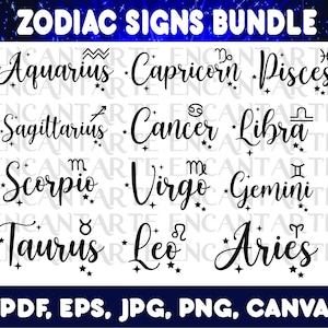 Op de afbeelding: Een digitale downloadbundel met 12 sterrenbeelden, elk met een uniek symbool en een sterrendesign. De tekens zijn: Waterman, Steenbok, Vissen, Boogschutter, Kreeft, Weegschaal, Schorpioen, Maagd, Tweelingen, Stier, Leeuw en Ram. De tekst "PDF, EPS, JPG, PNG, CANVA" staat onderaan de afbeelding.