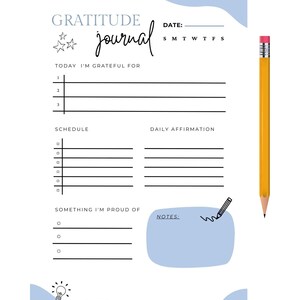 Puede incluir: Una página de diario de gratitud imprimible con secciones para afirmaciones diarias, un horario, cosas por las que estás agradecido y algo de lo que estás orgulloso. La página está decorada con estrellas, una bombilla y un lápiz.