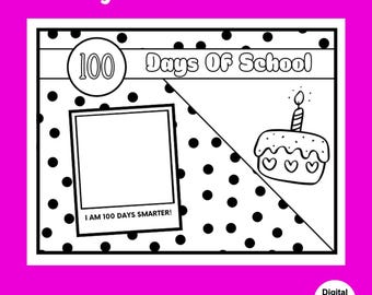 Op de afbeelding: Zwart-witte printbare fotolijst met een stippenachtergrond. De lijst zegt "100 dagen school" en heeft ruimte voor een foto. Het bevat ook een taart met een kaars en de tekst "Ik ben 100 dagen slimmer!"