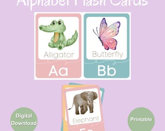 Alphabet Flash Cards Printable ABC Animal Alphabet Cards Manuscript Print Toddler ABC Kids Alphabet Cards Homeschool Cards Watercolor ABC