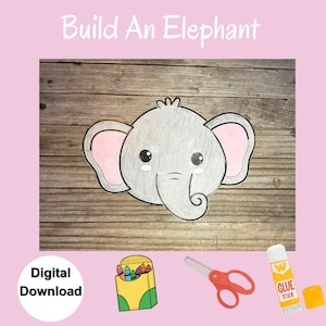 May include: Printable craft activity for children to build an elephant. The image shows a cartoon elephant head with pink ears, a grey body, and a black trunk. The image also shows a box of crayons, scissors, and glue stick.