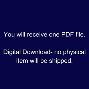 Op de afbeelding: Witte tekst op een donkerblauwe achtergrond: "U ontvangt &eacute;&eacute;n PDF-bestand. Digitale download - er wordt geen fysiek item verzonden."