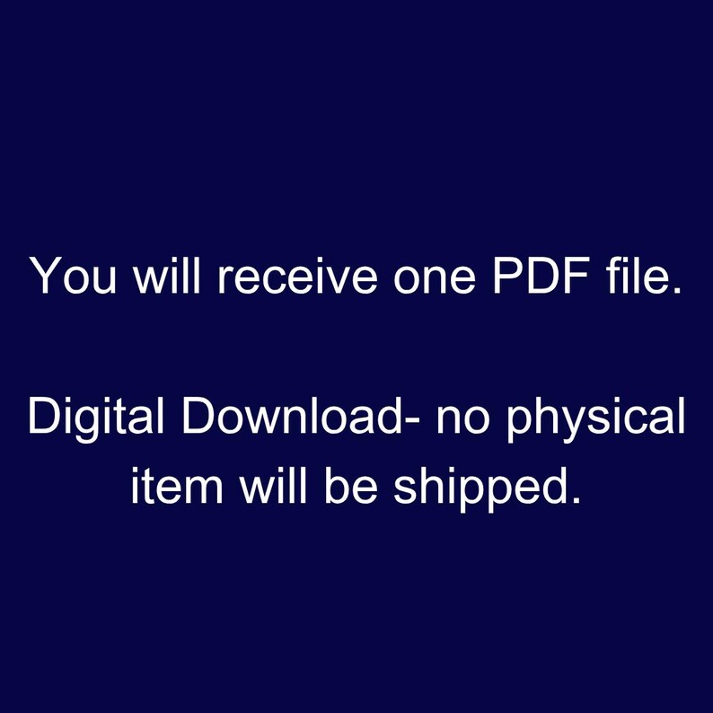 Op de afbeelding: Witte tekst op een donkerblauwe achtergrond: "U ontvangt &eacute;&eacute;n PDF-bestand. Digitale download - er wordt geen fysiek item verzonden."