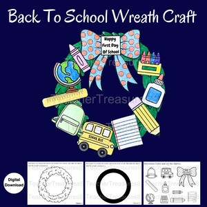 Op de afbeelding: Een kleurrijke, handgetekende kransknutsel met elementen met schoolthema. De krans bevat een schoolbus, rugzak, potlood, wereldbol en een strik met de tekst "Happy First Day Of School". De tekst "Back To School Wreath Craft" staat bovenaan.