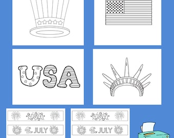 Op de afbeelding: Zwart-witte printbare kleurplaten met afbeeldingen van een hoge hoed, een Amerikaanse vlag, het woord USA en de kroon van het Vrijheidsbeeld. De printbare pagina's bevatten ook banners met de tekst "USA", "4th of July" en "Happy 4th of July".