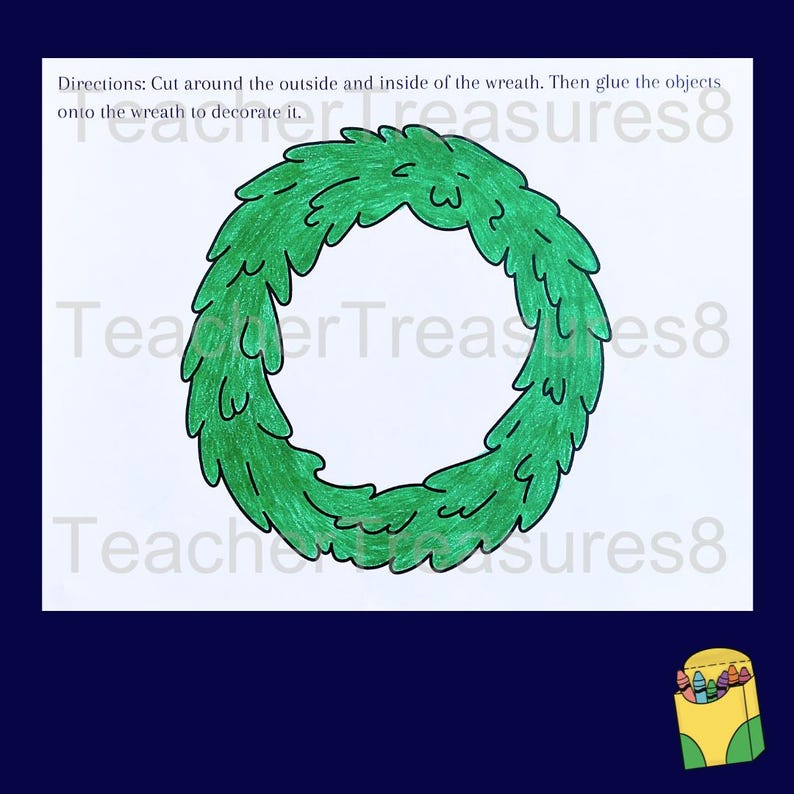Op de afbeelding: Illustratie van een groene krans met de tekst "Instructies: Knip rond de buiten- en binnenkant van de krans. Plak vervolgens de objecten op de krans om hem te versieren." De afbeelding staat op een witte achtergrond.
