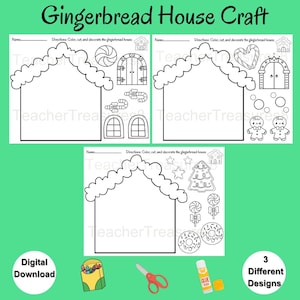 May include: Three black and white printable gingerbread house craft templates. Each template features a gingerbread house outline with various gingerbread house decorations to colour, cut, and glue on.