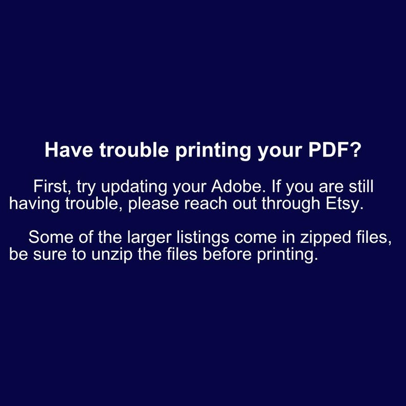 Op de afbeelding: Een marineblauwe afbeelding met witte tekst. De tekst luidt: "Problemen met het afdrukken van uw PDF?" Extra tekst biedt stappen voor probleemoplossing, waaronder het updaten van Adobe en het uitpakken van bestanden.
