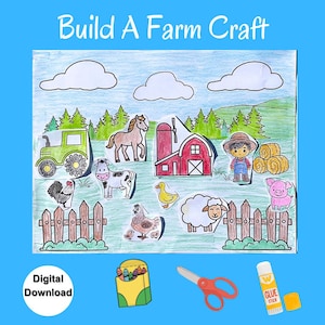 May include: A printable farm craft activity for kids. The craft includes a tractor, barn, horse, cow, sheep, pig, chicken, and a farmer. The craft also includes a fence, clouds, and grass. The craft is a digital download and requires coloring, cutting, and gluing.