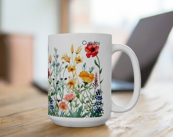 Flowers Mug, Boho Wildflowers Cottagecore Coffee Mug, Vintage Botanical Tea Cup, Pastel Floral Nature Mug, Flower Garden Gift