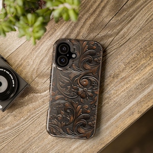 Tough Case, Western Floral Tooled Leather Print iPhone Case, Impact-Resistant, Protective Cover, Gift for iPhone Owner, Cowgirl Phone