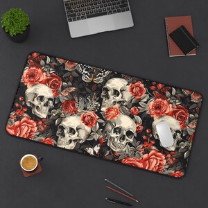 Gothic Roses and Skulls Desk Mat Unique Dark Aesthetic Gift for Writers Gamers or Fans of Elegant Gothic Home Office Decor