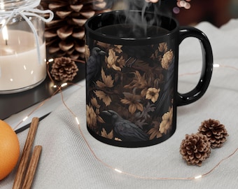 Black Raven Coffee Mug with Gothic Floral Design Dark Aesthetic Ceramic Cup Perfect Gift for Bird Lovers and Nature Enthusiasts Gift Idea