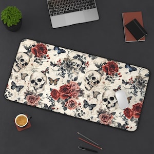 Gothic Roses Skull Desk Mat Unique Gift Idea for Gamers Writers or Anyone Who Loves Dark Aesthetic Home or Office Accessories