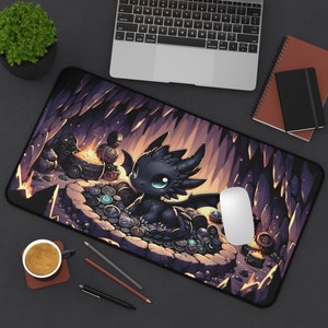 May include: A rectangular mousepad featuring a cartoon dragon in a cave setting. The dragon is black with large blue eyes, surrounded by coins and a fire. The background has a cave-like design with purple and gold hues. A white mouse sits on the pad.