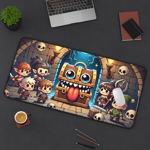 Niedliches Abenteurer und Mimic Dungeon Schreibtischmatte Fantasy Gaming Geschenk für DnD Spieler Tabletop RPG Fans oder Gamer Home Office Einrichtung Geschenkidee
