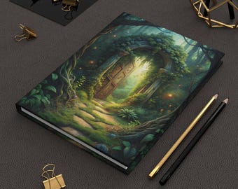 May include: A hardcover journal featuring a fantasy landscape with a wooden door in a lush forest. The cover art is detailed with vibrant greens, browns, and yellows. Gold and black pencils and gold binder clips are arranged around the journal.