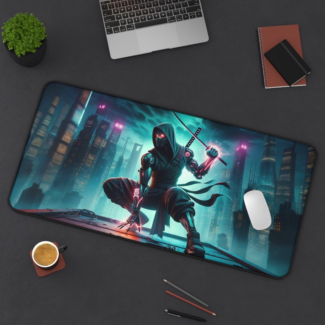 Cyberpunk Ninja Gaming Desk Mat Gaming Mat Futuristic Neon Mouse Pad