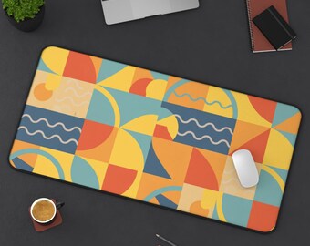 Retro Coastal Geometric Desk Mat Beachy Abstract Shapes Large Mouse Pad Desk Mat Neoprene Office Accessory Workspace Decor Home Office Gift