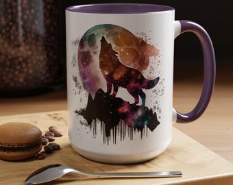 Mug galaxie lune loup hurlant tasse à café aquarelle loup hurlant 15 oz cadeau ciel nocturne fantastique anse colorée et accents intérieurs