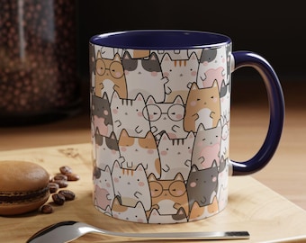 Taza Kawaii de Gato con Asa Colorida y Detalle Interior. Regalo Perfecto para Amantes de los Gatos. Linda Taza de Café de Cerámica para Cumpleaños o Días Festivos.