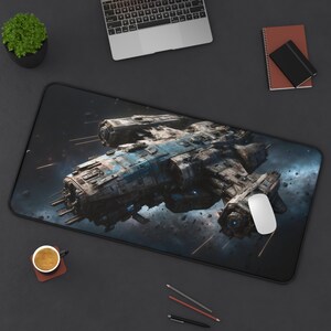 Futuristic Mining Spacecraft Gaming Mat and Mouse Pad  Sci-Fi Desk Accessory Gift with Blue Stripe Design