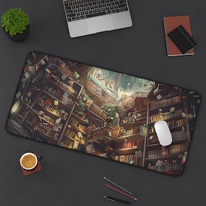 Cozy Book Themed Desk Mat Fantasy Library Design Antique Style Mouse Pad for Book Lovers Rustic Desk Accessory for Home Office