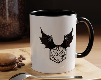 Mok met gevleugelde D20 voor RPG-fans, Dungeons & Dragons koffiemok, cadeau voor dobbelsteenliefhebbers, cadeau voor tabletop-gamers, fantasy roleplaying cadeau met gevleugeld D20-design