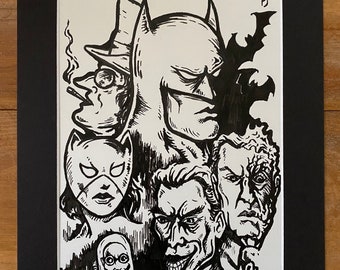 Batman: Trials and Tribulations ist eine Original-Zeichnung, die mit Brush Pen vervollständigt wurde. die Batman mit mehreren seiner Feinde zeigt.