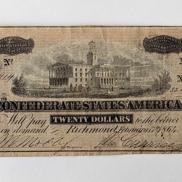 20 US dollar NOTE, 1864 Confederate States of America civil war currency Richmond