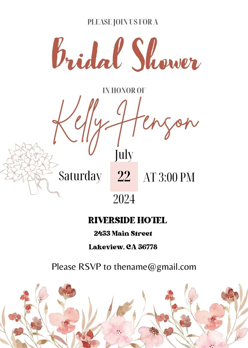 Bridal Shower Invitation, Digital Download, Floral Bridal Shower
