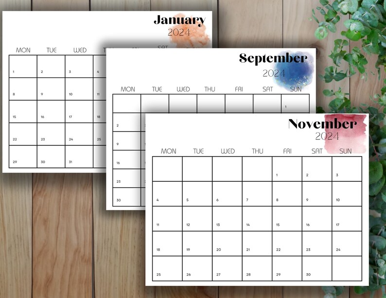 2024 Calendar Printable, Calendar 2024 Monthly, Color Months, Starting