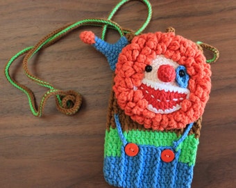 Borsa per cellulare clown all'uncinetto fatta a mano