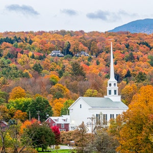 Captivating Vermont Fall Leaves and White Church, New England, Fall, Autumn, Wall Art Print, Nature Home Decor, Landscape