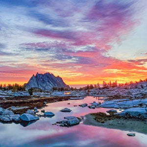 May include: A scenic landscape photograph captures a vibrant sunset over a mountain range and a reflective lake. The sky is ablaze with hues of orange, pink, and purple, mirrored in the water. Rocks and sparse vegetation dot the foreground.