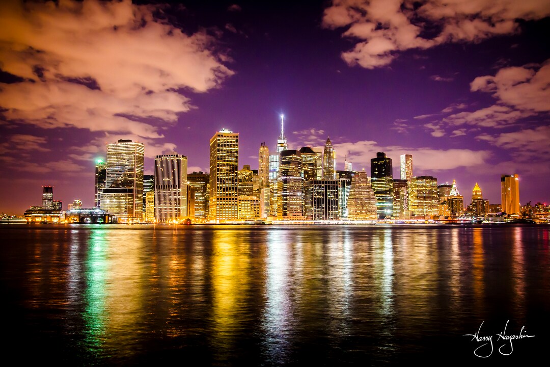New York City Skyline at Night Photo Print, Manhattan Reflection - Etsy