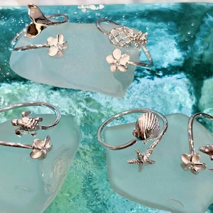Puede incluir: Cinco anillos de plata con diferentes encantos con temática marina. Los encantos incluyen una piña, una tortuga, una concha, una estrella de mar y un delfín. Los anillos están sobre un fondo azul y blanco.