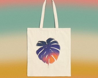 sunset monstera leaf graphic tote bag, canvas tote, sunset aesthetic, illustration tote