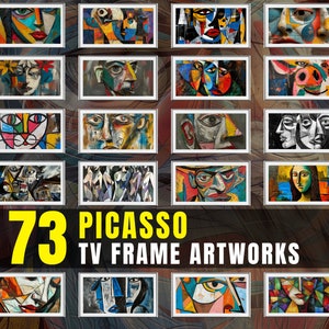 May include: A collage of 73 colorful abstract paintings in white frames, featuring various styles and subjects, including portraits, animals, and still lifes. The text "73 PICASSO TV FRAME ARTWORKS" is displayed in yellow letters at the bottom of the image.