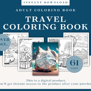Libro para colorear de viajes para adultos y adolescentes / 61 páginas para colorear / Descarga instantánea / Cubierta colorida incluida / Todo recopilado en un solo archivo PDF