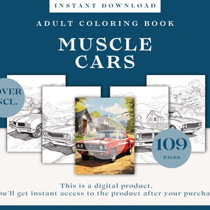 Muscle Cars Adult Coloring Book | 109 Coloring Pages | Instant Download | Colorful Cover Included | All Collected In One PDF-file
