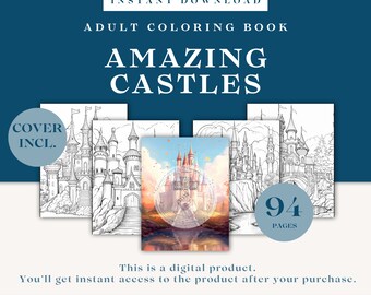 Libro para colorear para adultos de Amazing Castles, 94 páginas para colorear, Cubierta colorida incluida, Descarga instantánea, archivo PDF