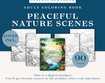Puede incluir: Un libro para colorear digital con 90 páginas que presenta escenas de naturaleza pacíficas. La imagen de la portada muestra un río que fluye a través de un exuberante bosque verde con montañas en el fondo. El texto "COVER INCL." está en la esquina superior izquierda. El texto "90 PAGES" está en la esquina inferior derecha.